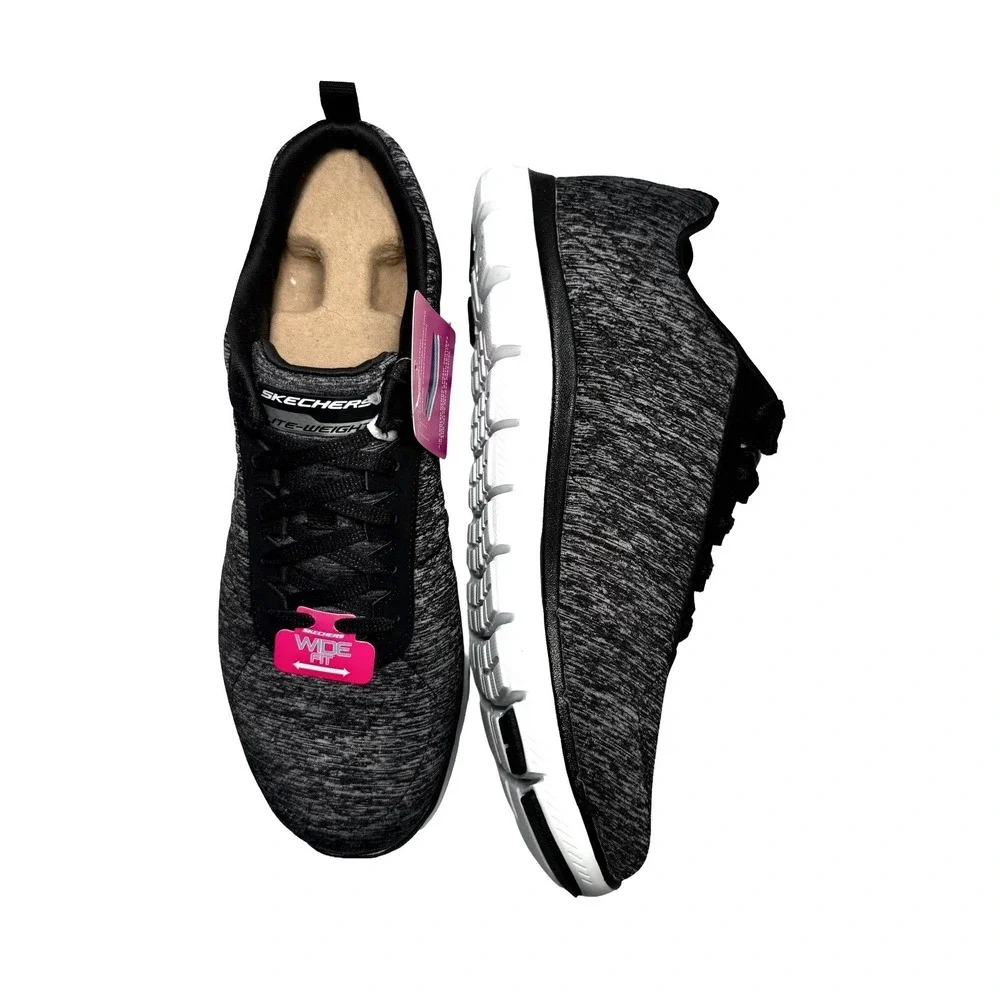 Skechers Flex Appeal 2.0 Womens 9.5 Wide Memory Foam Sneakers Black Comfort New - Picture 3 of 11